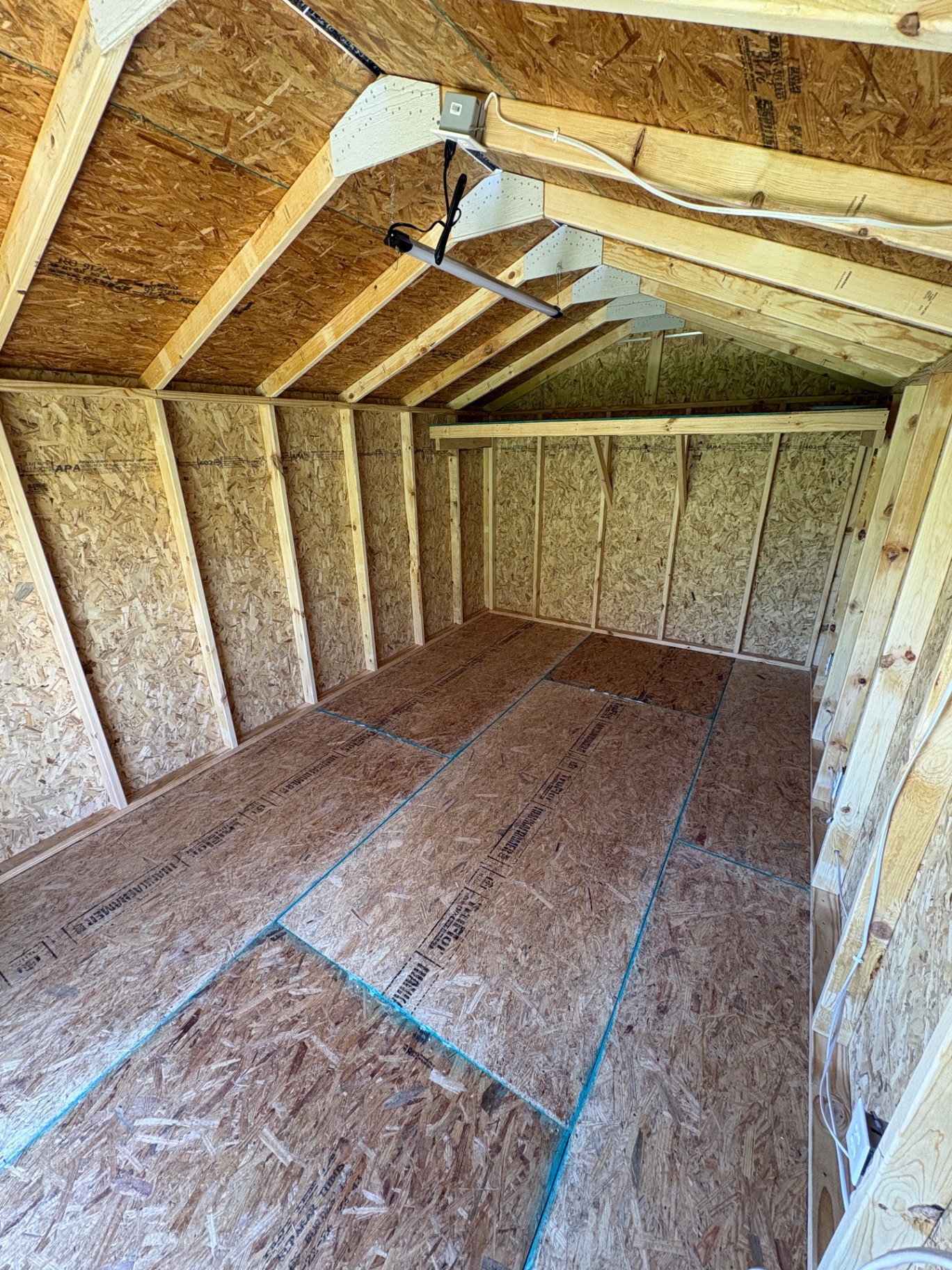 Inside a shed with exposed framing, a wired ceiling light and a TruFloor tongue-and-groove floor