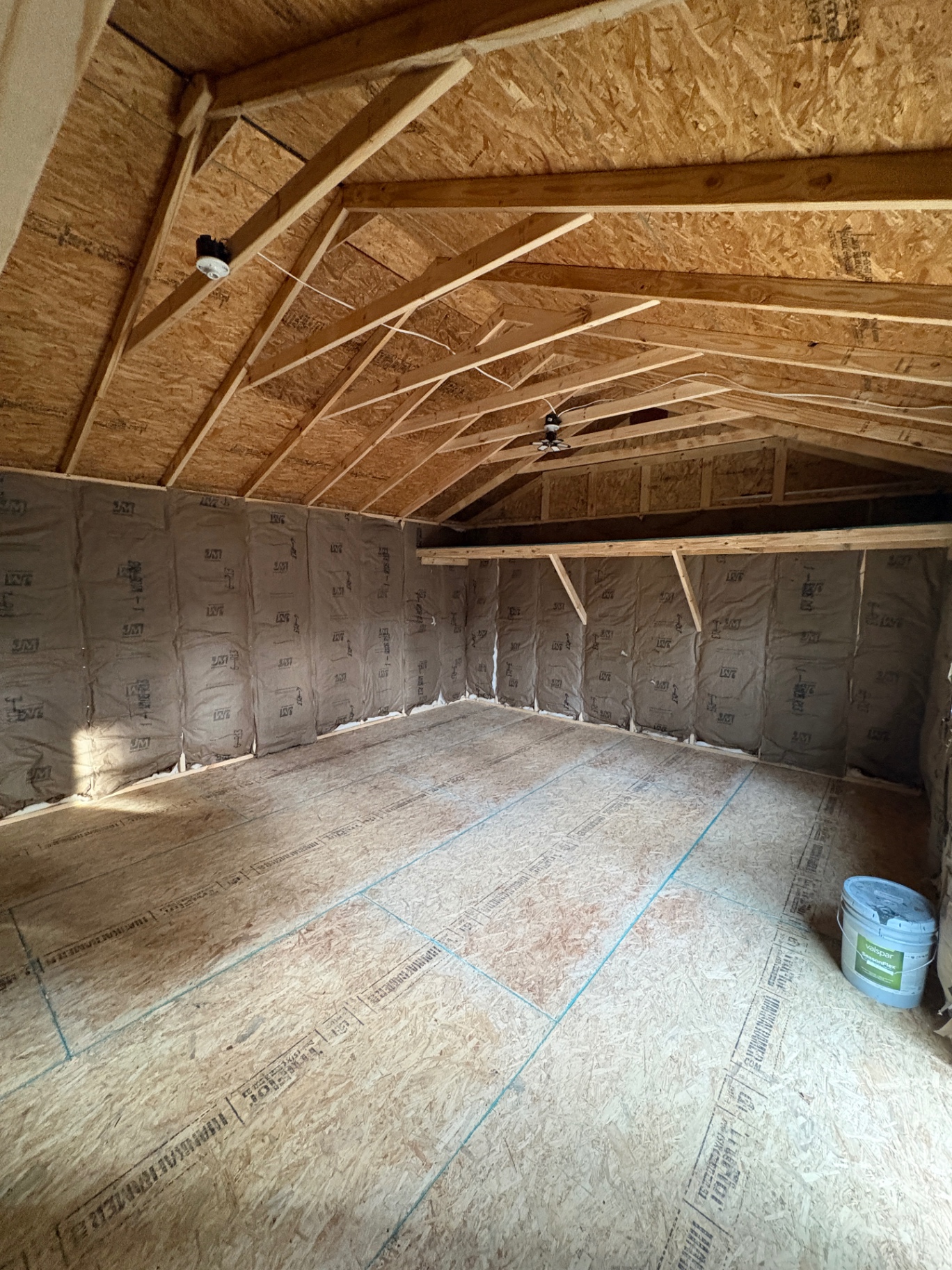 Wide view of a shed interior with insulated walls, exposed rafters, two ceiling lights and a tongue-and-groove floor