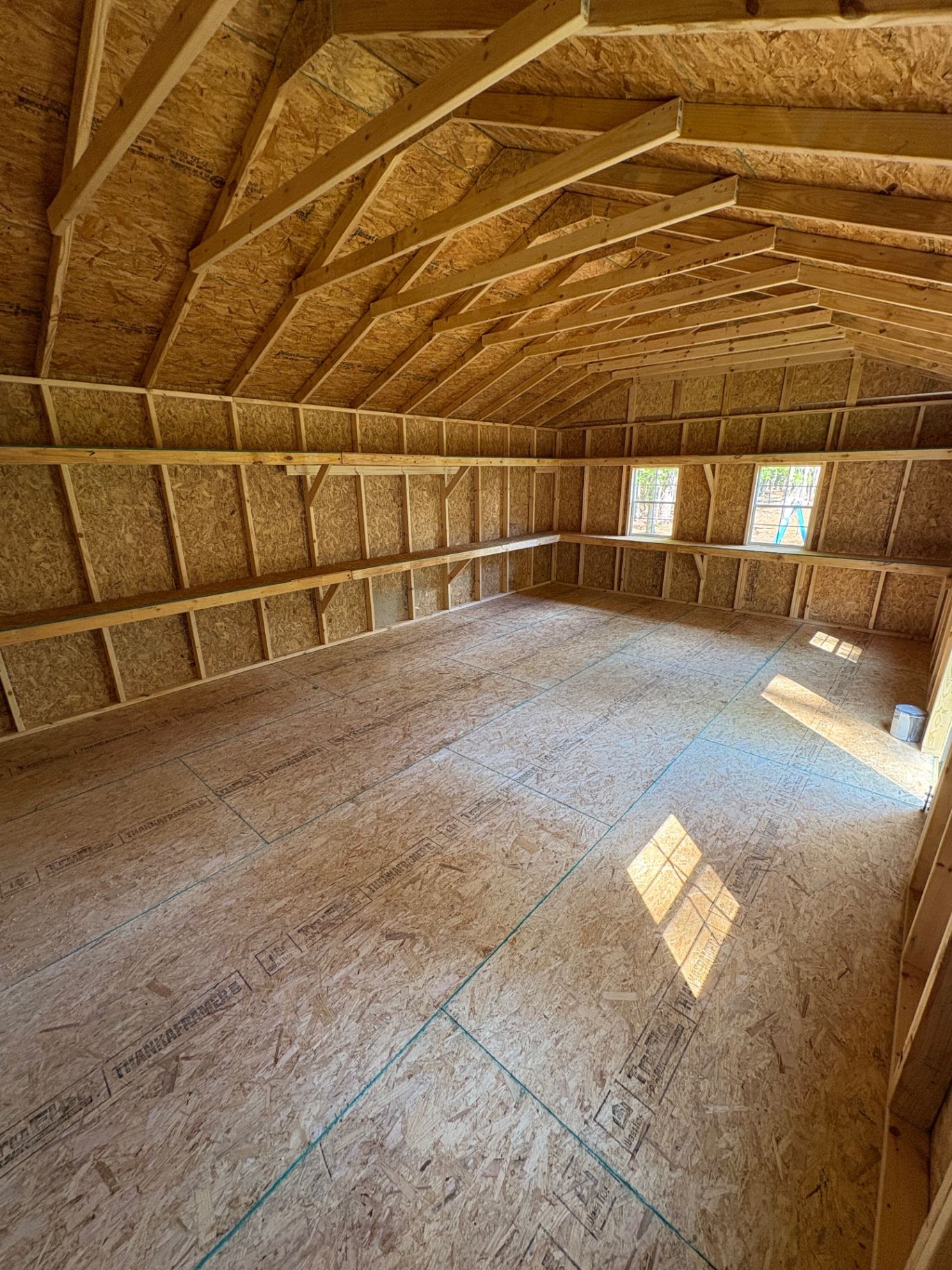 Shed interior with open trusses, wall shelving on two sides, two windows and a tongue-and-groove floor