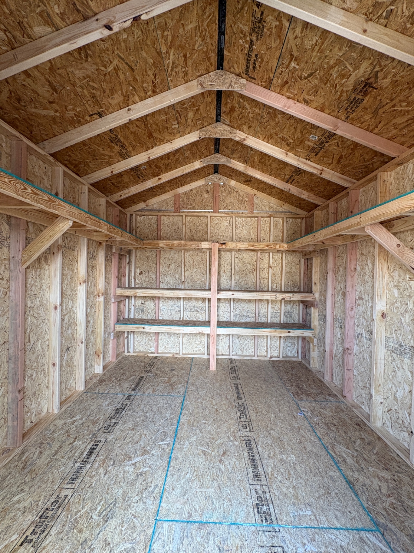 Inside a shed with framed walls, exposed rafters, two runs of shelving on the back wall and a TruFloor tongue-and-groove floor