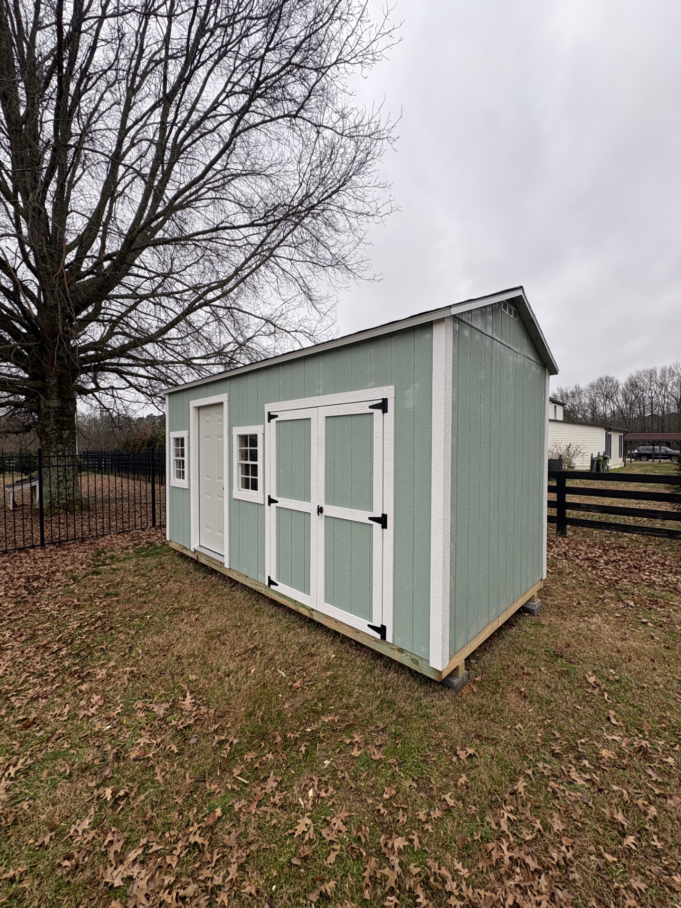 Angled view of a mint green shed with a house door, double doors, two grid windows and white trim