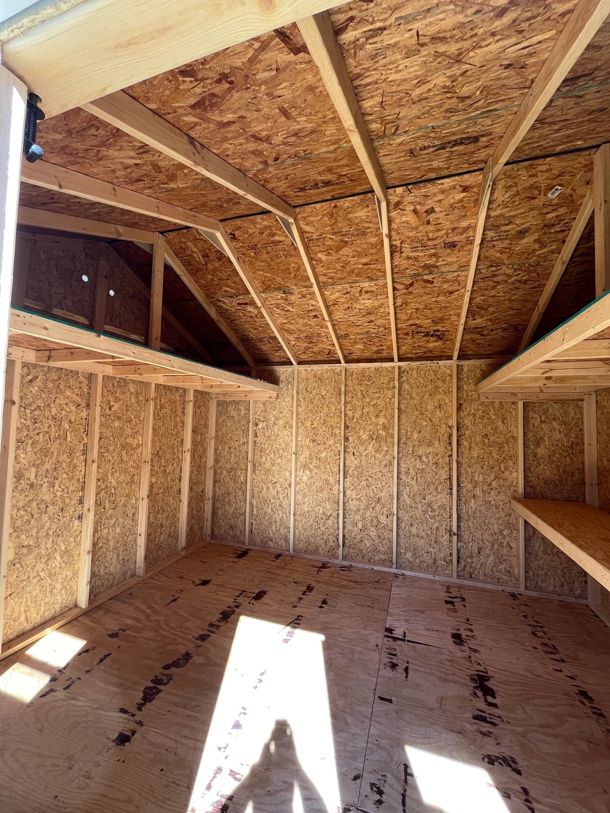 Shed framing, storage loft and wall shelving during an on-site Southern Shed Co. build